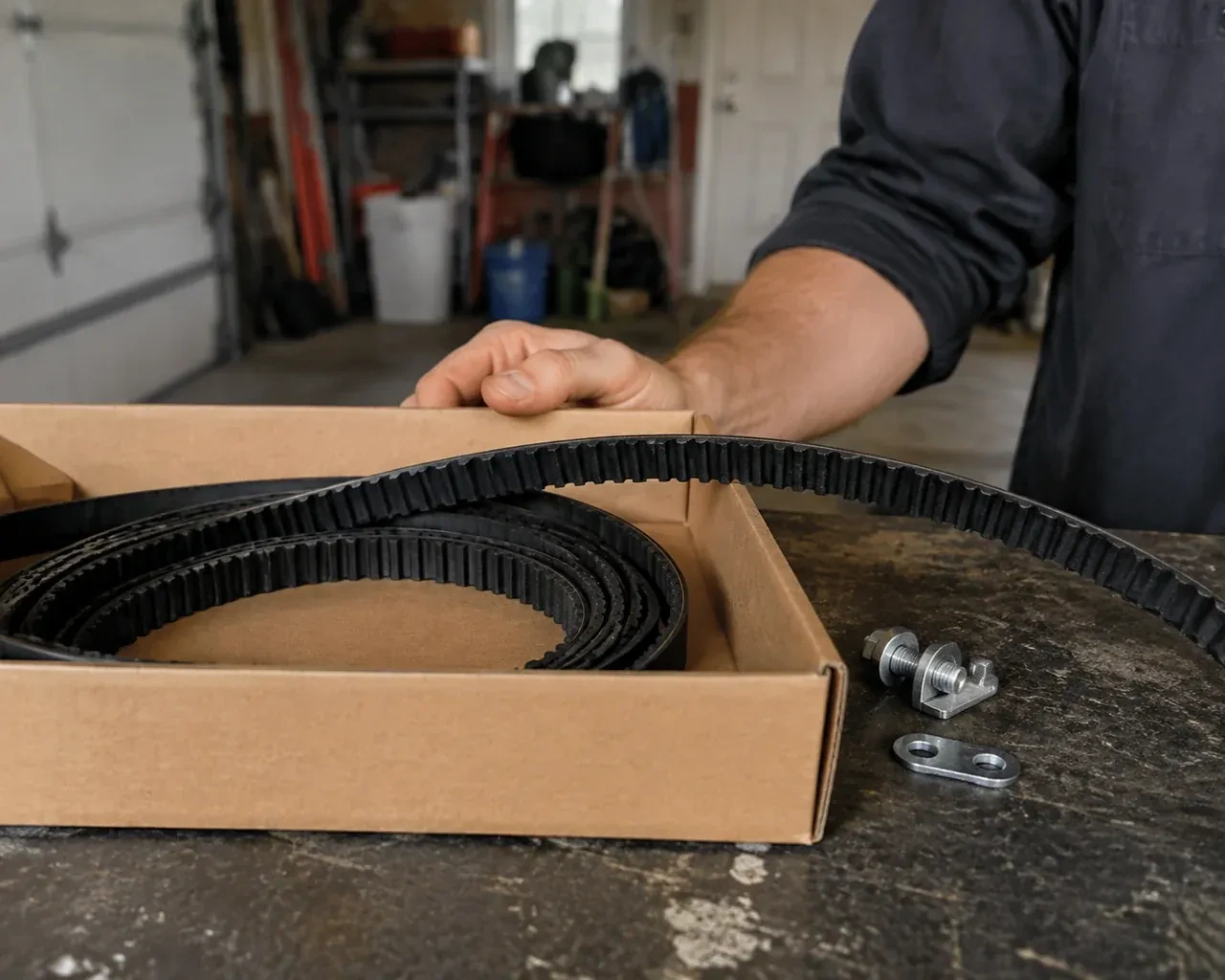 A toothed black drive belt lies in an open cardboard box beside small metal fittings on a garage workbench. — Belt-Drive Opener Repair, Doon