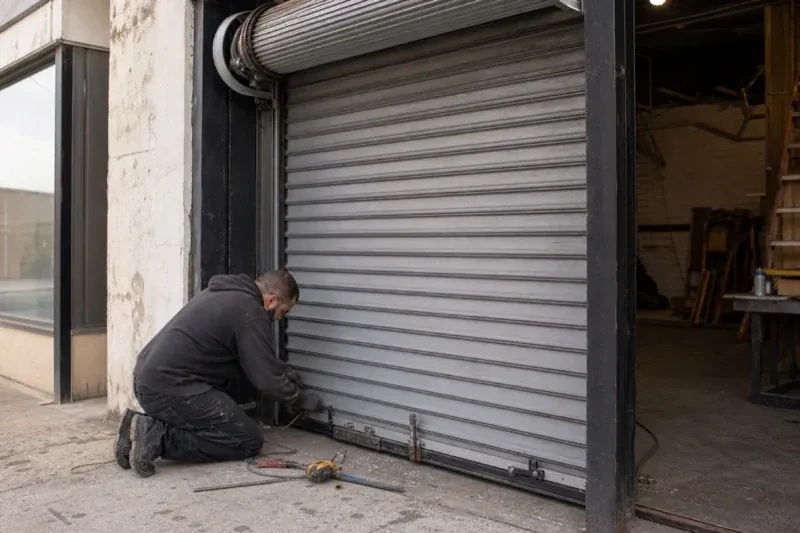 Person kneeling beside the bottom of a metal rolling door with tools on the ground — Commercial Rolling Door Repair, Kitchener