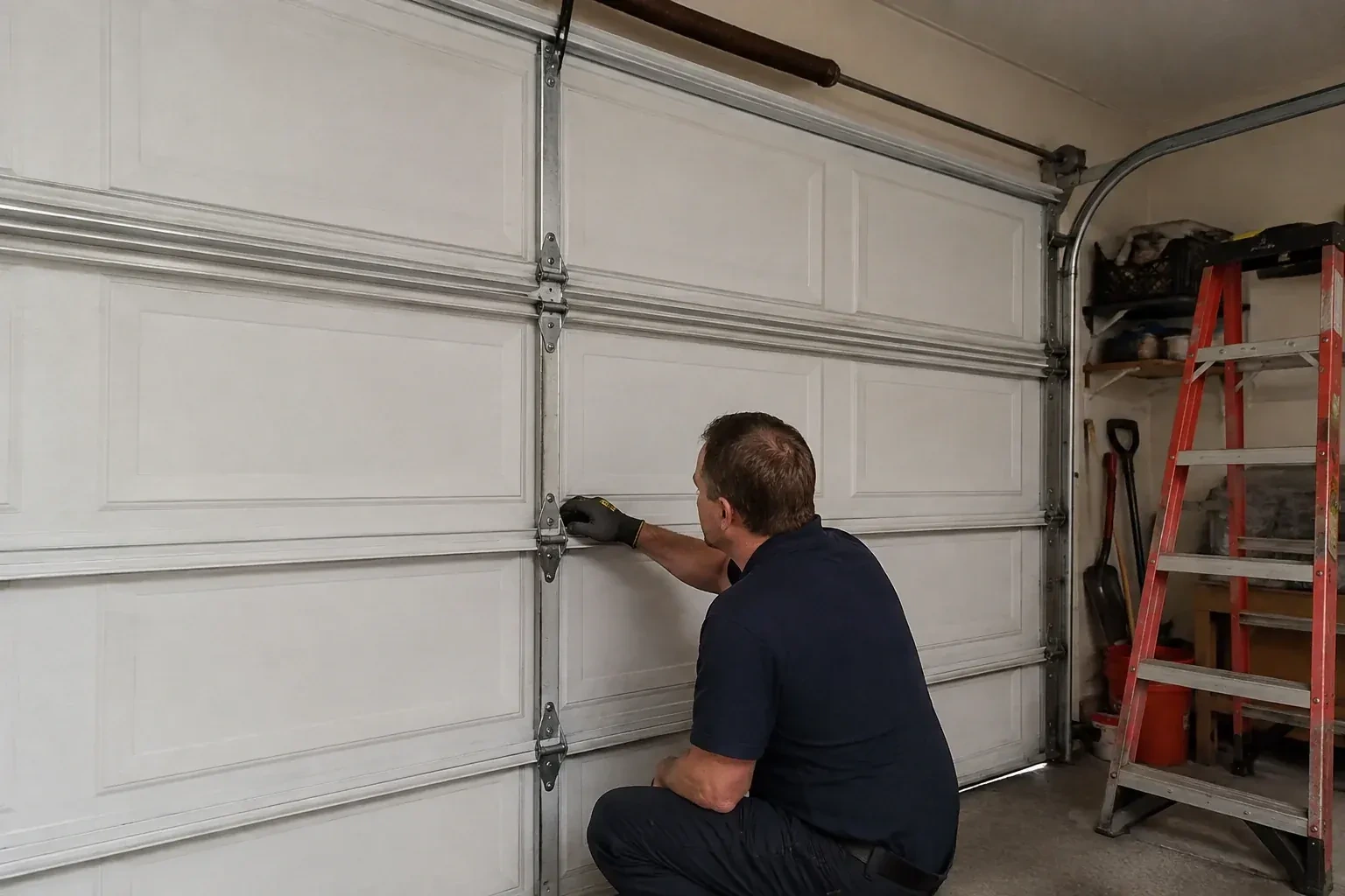 A person examines a central hinge joining two sections of a closed garage door. — Garage Door Hinge Replacement, Kitchener