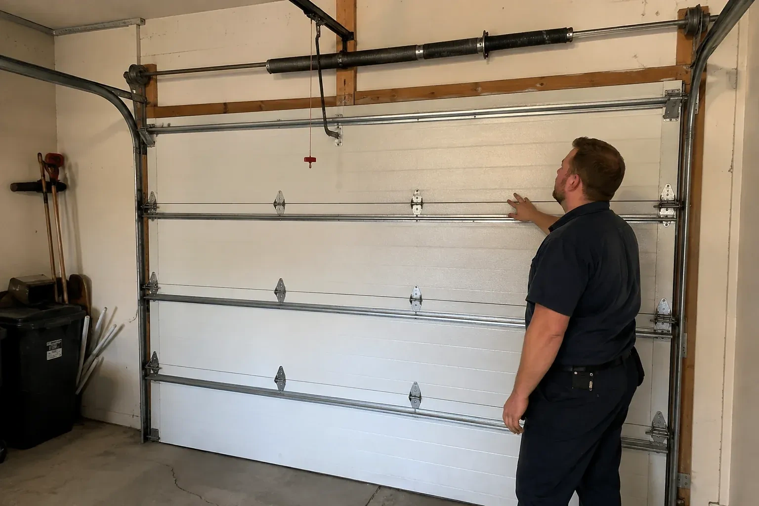 A person stands beside a closed sectional door beneath its overhead spring assembly. — Garage Door Balance Adjustment, Kitchener