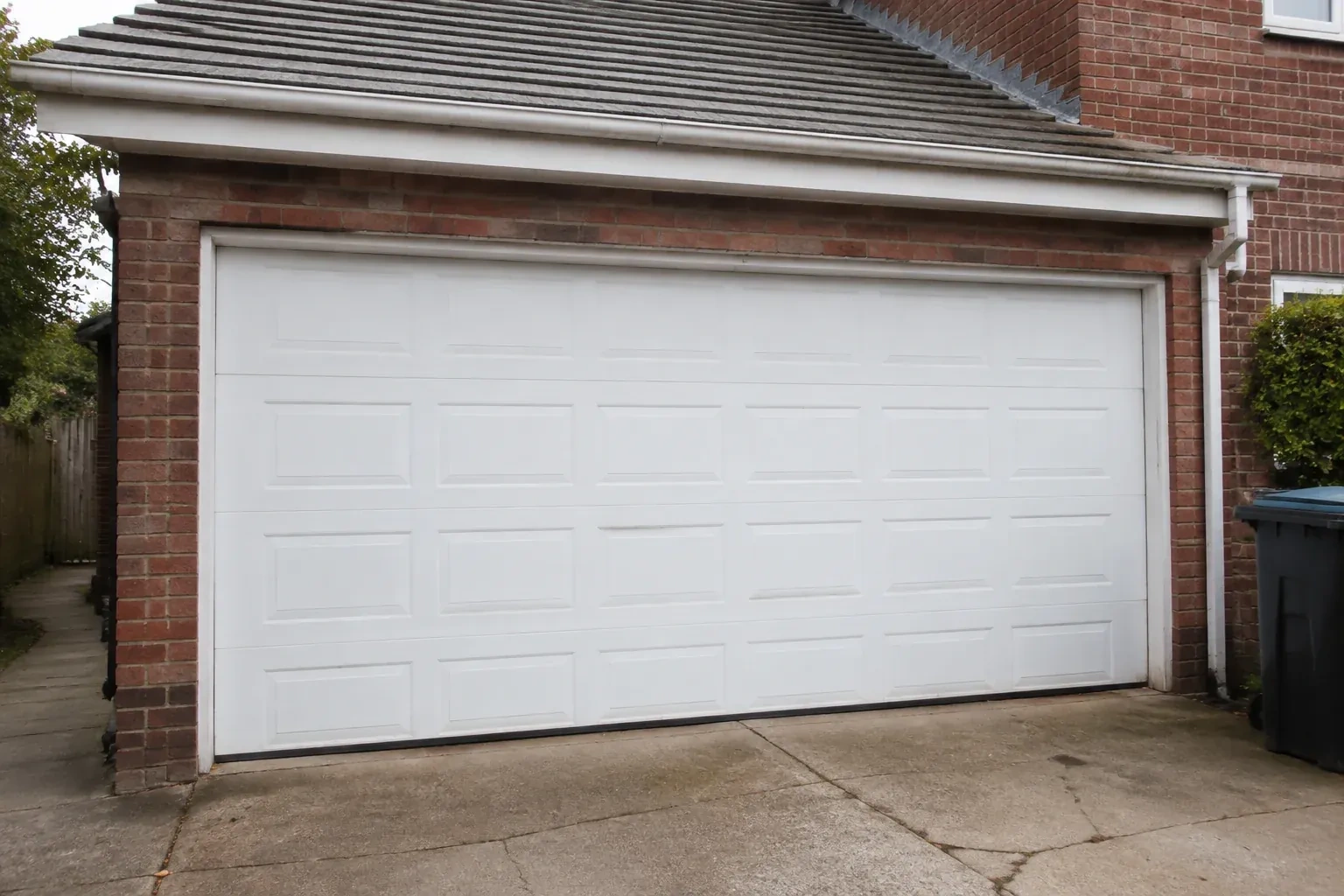 Closed white sectional garage door at an ordinary brick house. — Sectional Garage Door Replacement, Kitchener