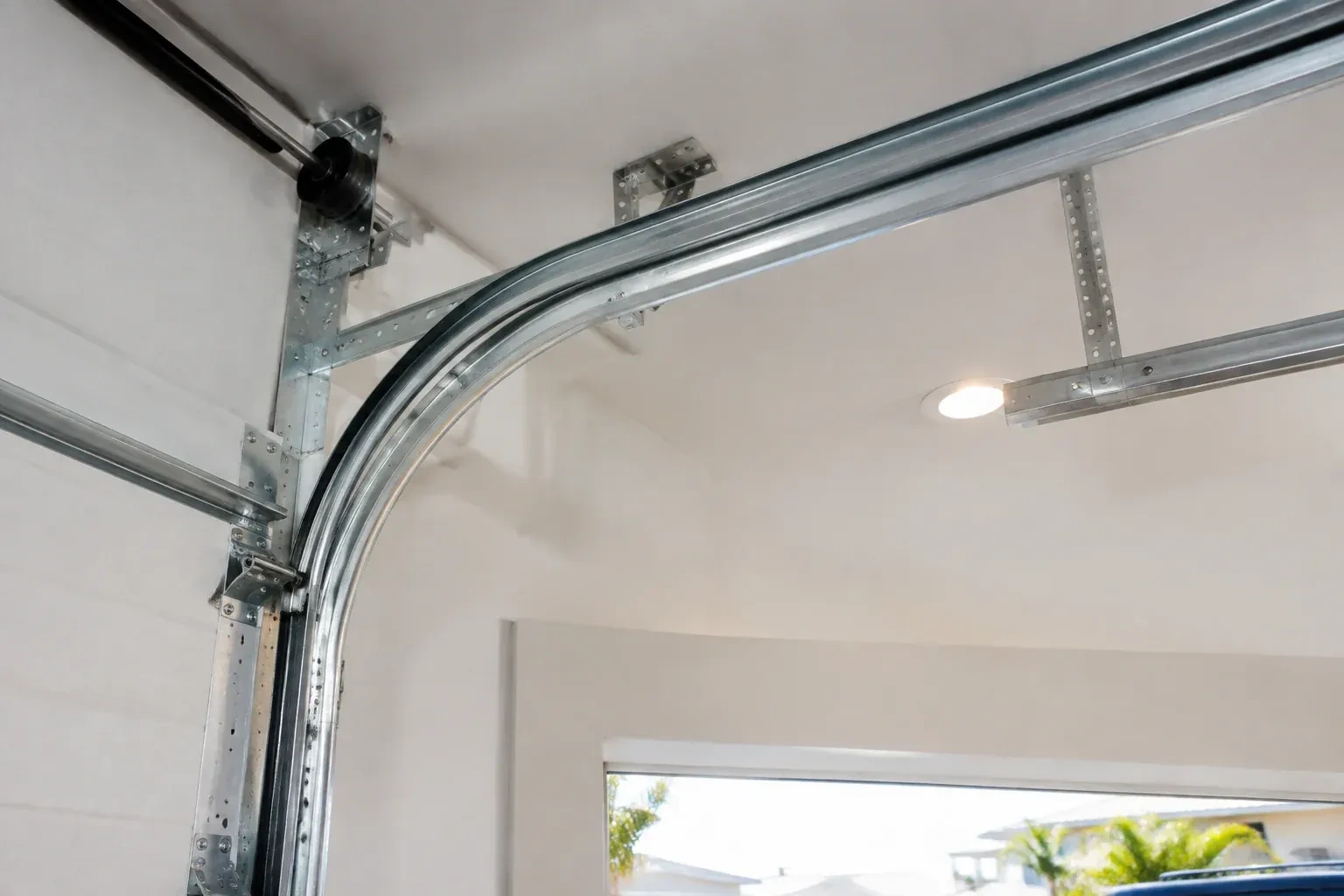 Curved galvanized steel track bending from the vertical door track into the ceiling, with perforated brackets and a recessed light. — Garage Door Track Repair or Replacement, Kitchener