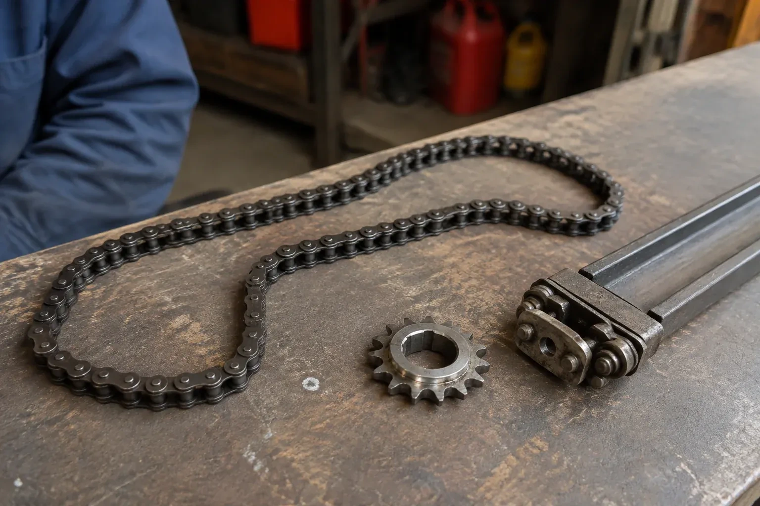 A detached metal roller chain, toothed sprocket and rail component rest on a worn garage workbench. — Chain-Drive Opener Repair, Doon