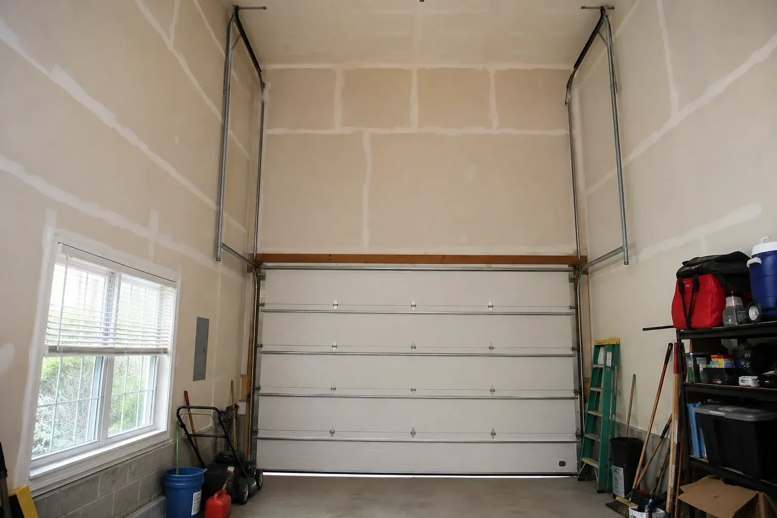 Tall garage interior with a sectional door and tracks extending into overhead space. — High-Lift Garage Door Conversion, Kitchener