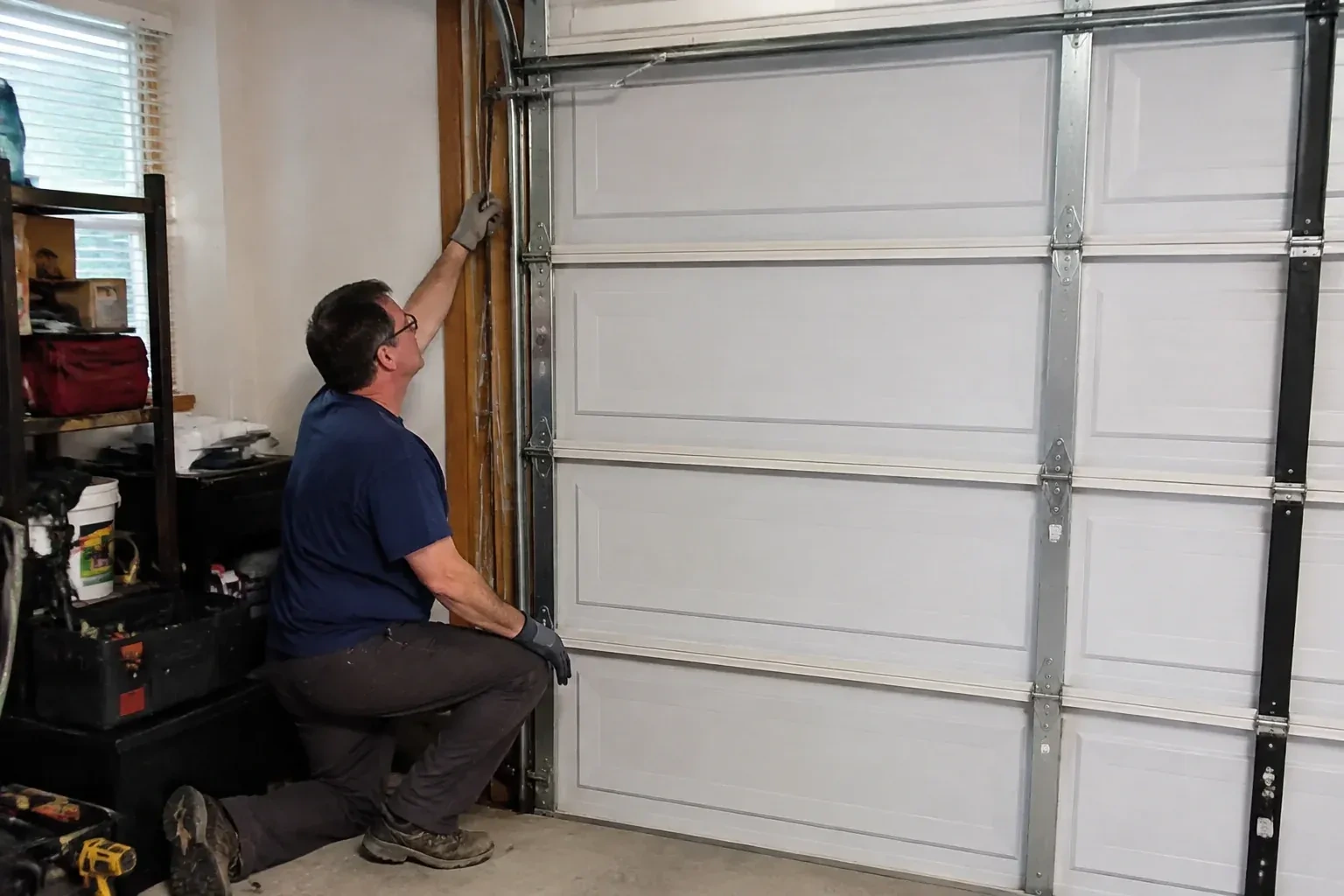 Person kneeling inside a garage reaching up along the vertical track of a white paneled door, with a toolbox and drill nearby. — Garage Door Cable Replacement, Kitchener