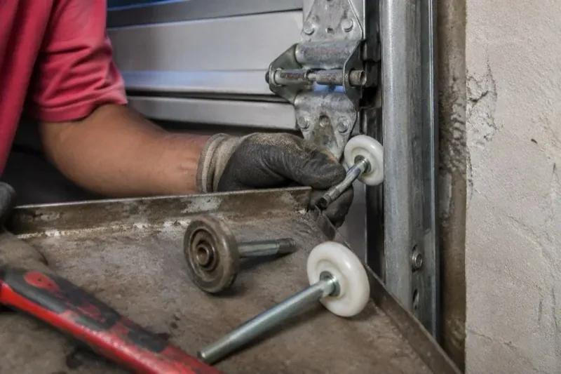 Gloved hand holding a white garage-door roller beside its track, with two loose rollers and a red tool on a tray. — Garage Door Roller Replacement, Kitchener