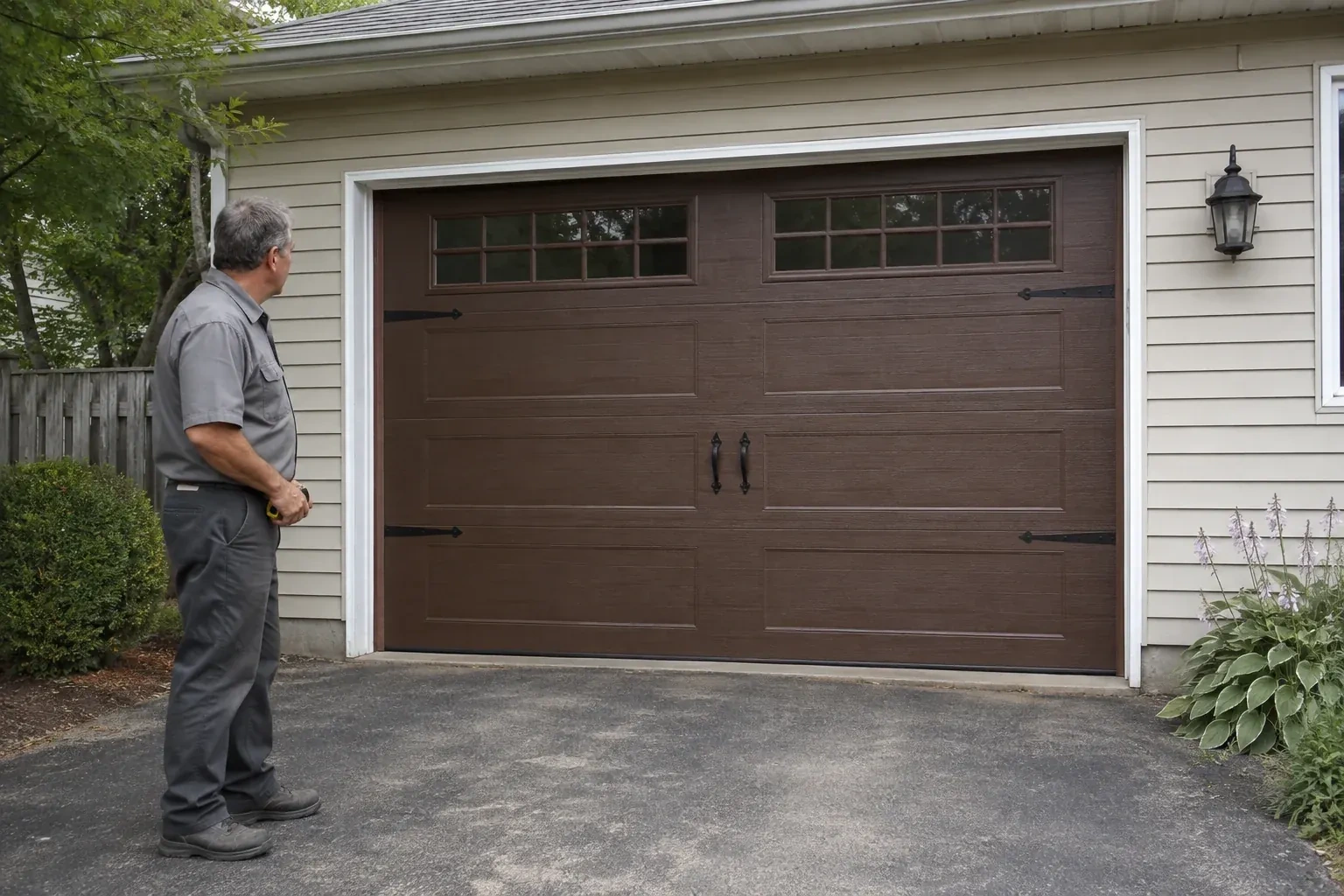 A person stands beside a closed brown garage door with upper windows and black decorative straps and handles. — Carriage-House Garage Door Installation, Kitchener