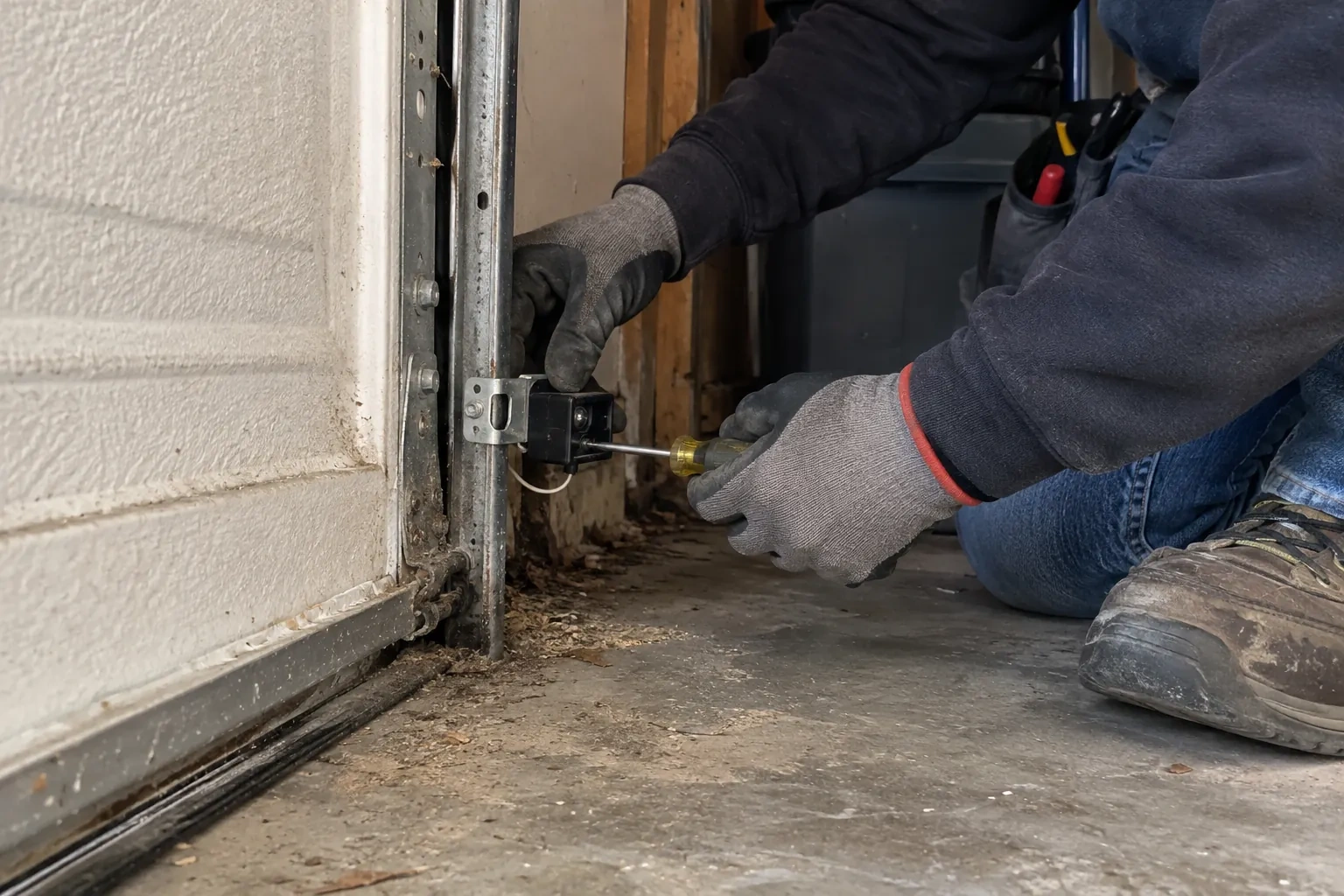 Gloved hands using a yellow-handled screwdriver to fasten a small black sensor to a vertical metal track beside a white door panel. — Photo-Eye Sensor Alignment or Replacement, Kitchener