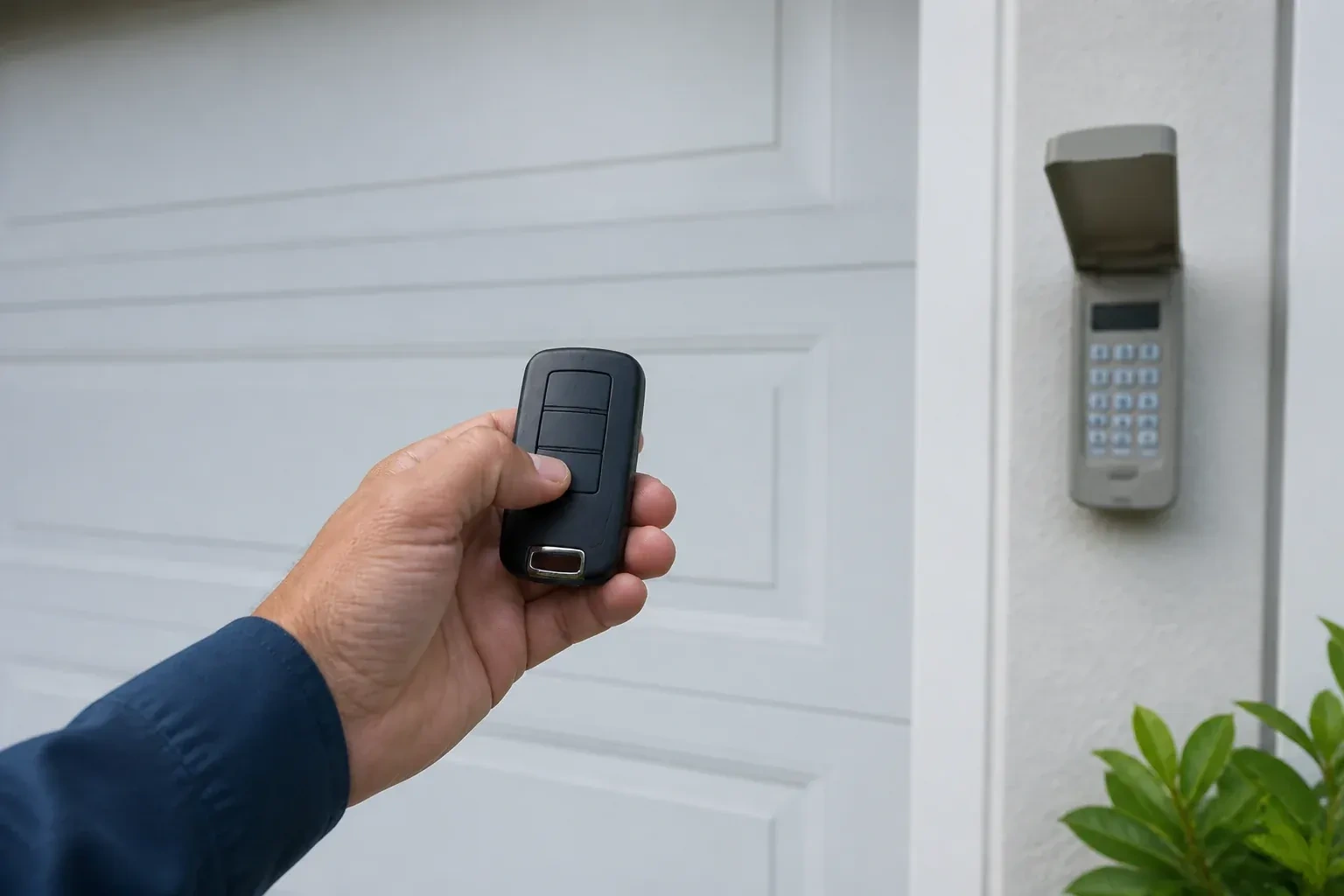 Hand holding a black three-button remote in front of a white paneled door, with a wall keypad and open cover at right. — Garage Door Remote and Keypad Programming, Kitchener