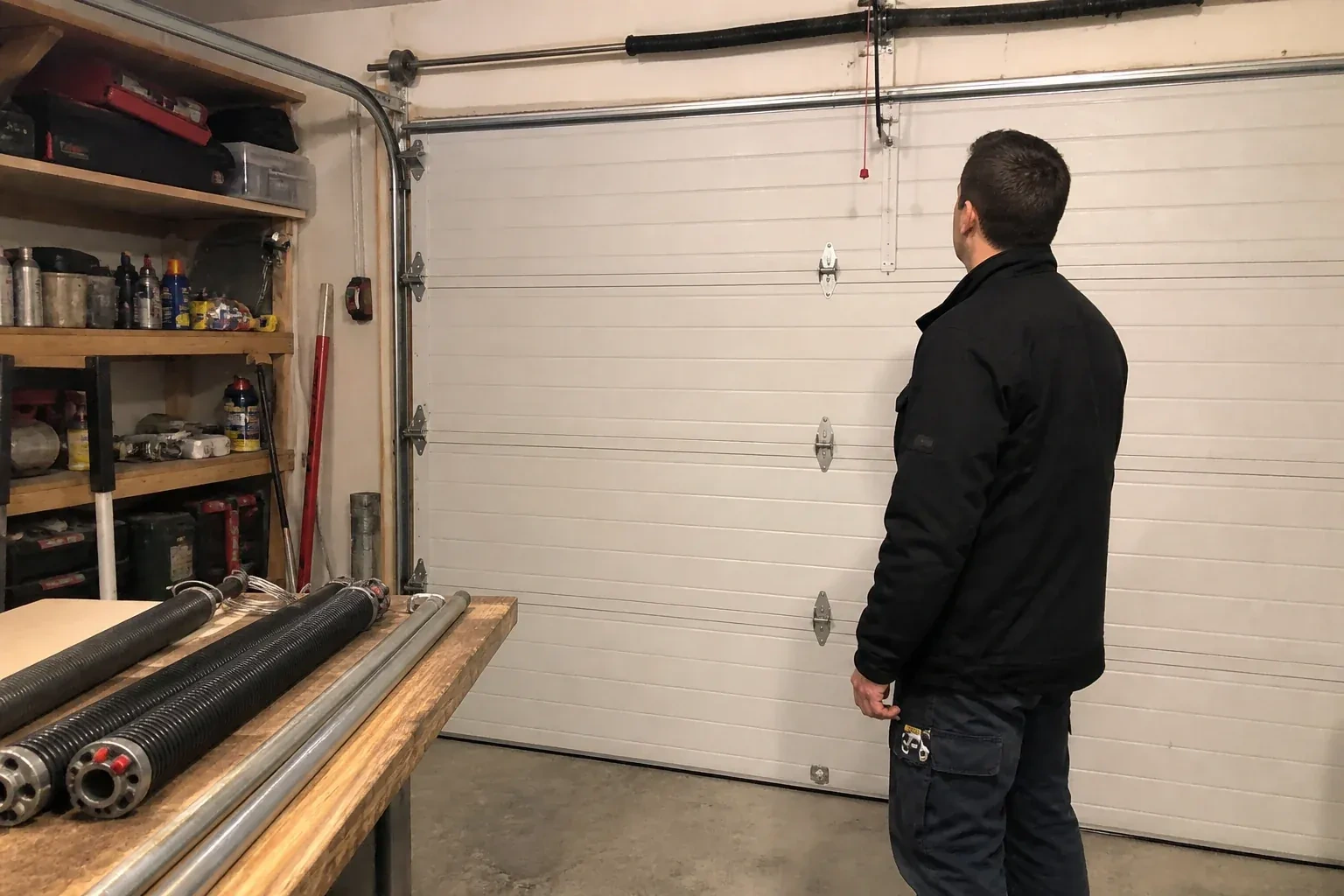 Person in a jacket facing a closed white sectional door, with coiled springs and steel tubes on a wooden bench. — Extension Spring Replacement, Kitchener