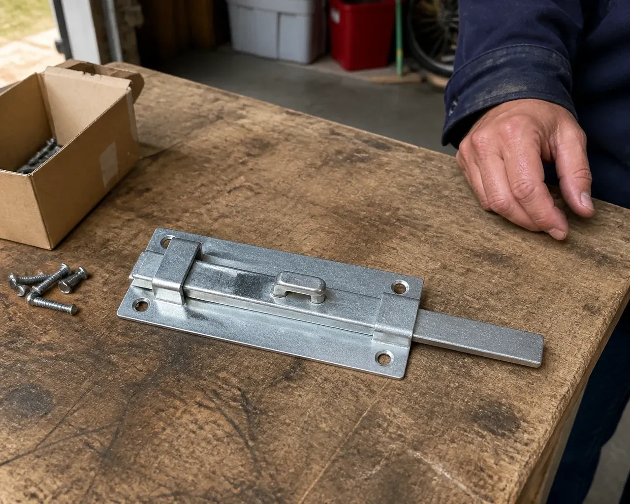 A detached metal slide bolt with mounting holes and retaining guides rests beside screws on a workbench. — Garage Door Manual Lock Repair, Kitchener
