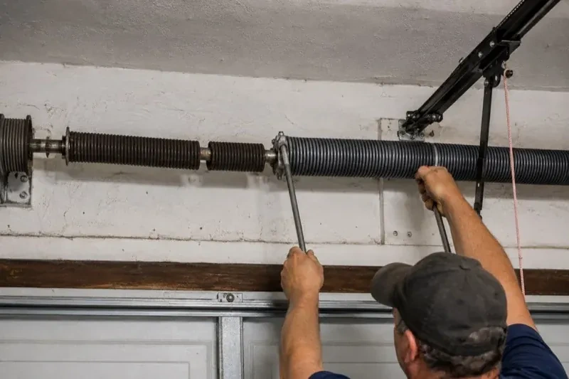 Person holding metal bars beside exposed coiled springs above a garage door. — Torsion Spring Replacement, Kitchener
