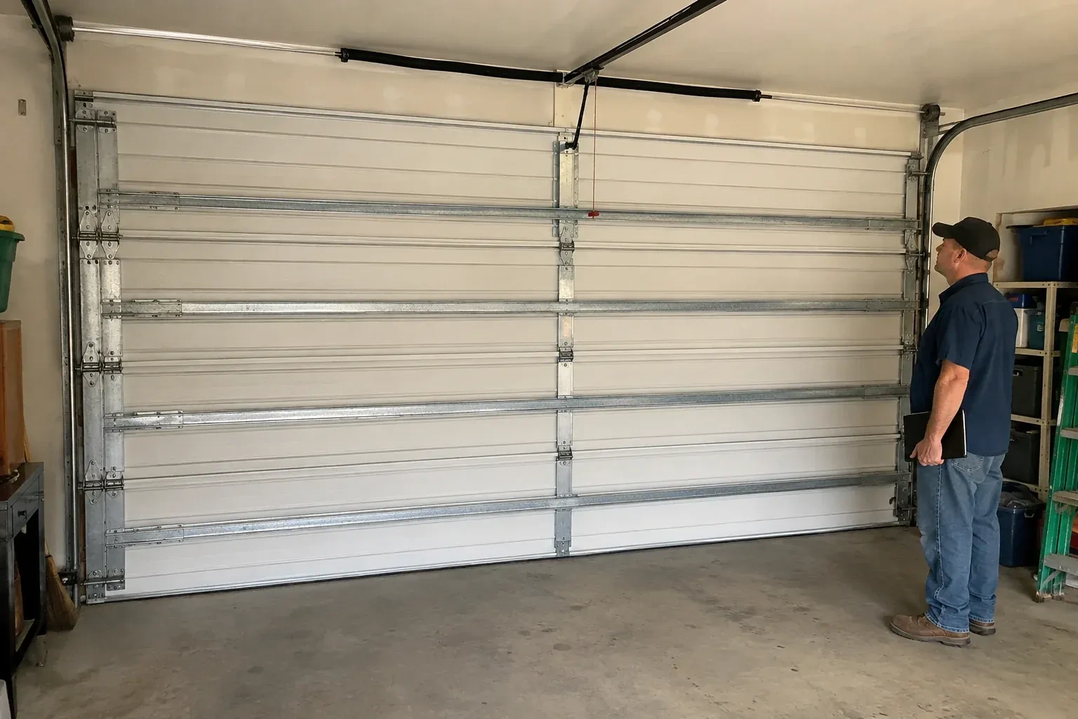 A person examines horizontal metal reinforcement members across the interior of a closed garage door. — Wind-Rated Garage Door Replacement, Kitchener