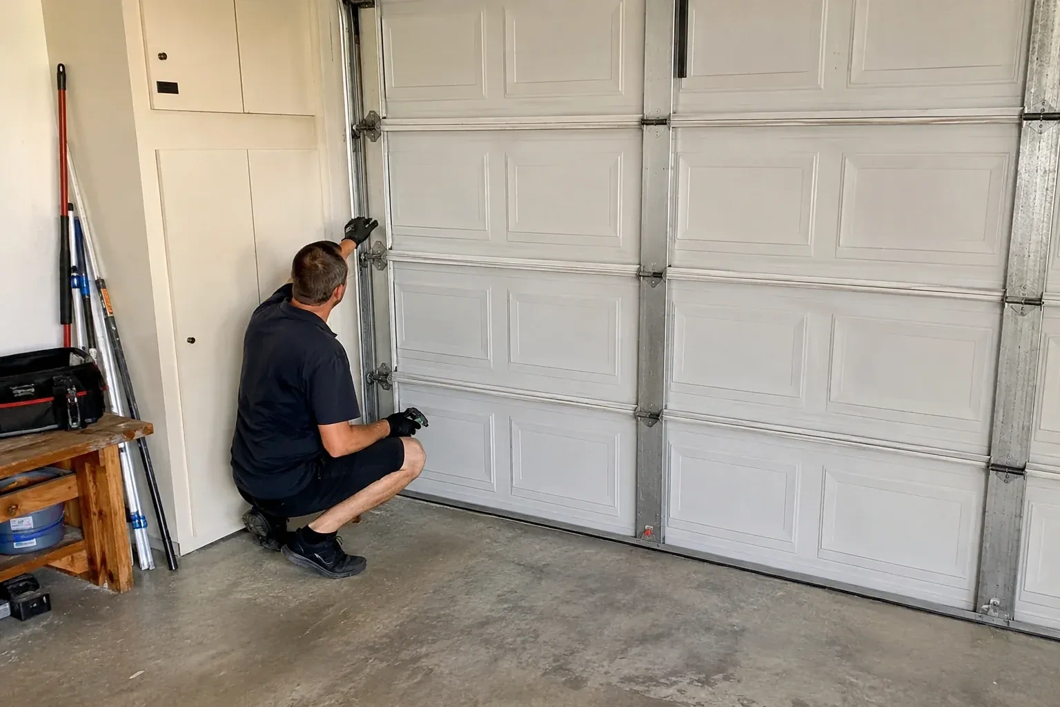 A person kneels beside the side track and hinges of a closed sectional garage door. — Garage Door Safety Inspection, Kitchener