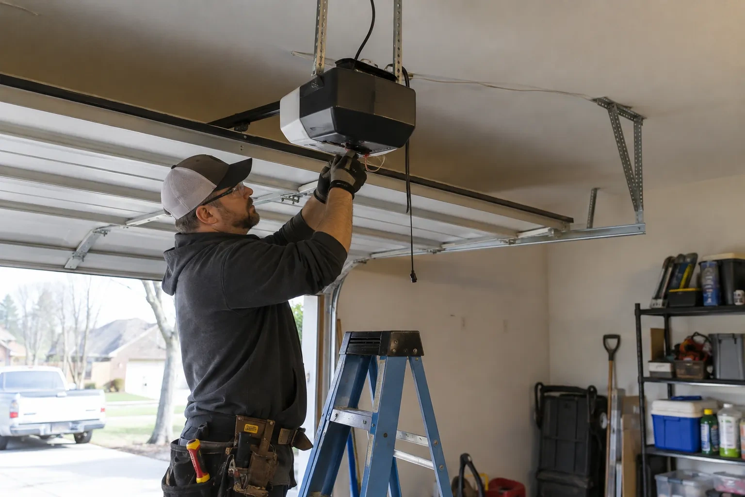 Technician on a blue ladder reaching up to the underside of a hanging opener unit, with a pickup truck outside.