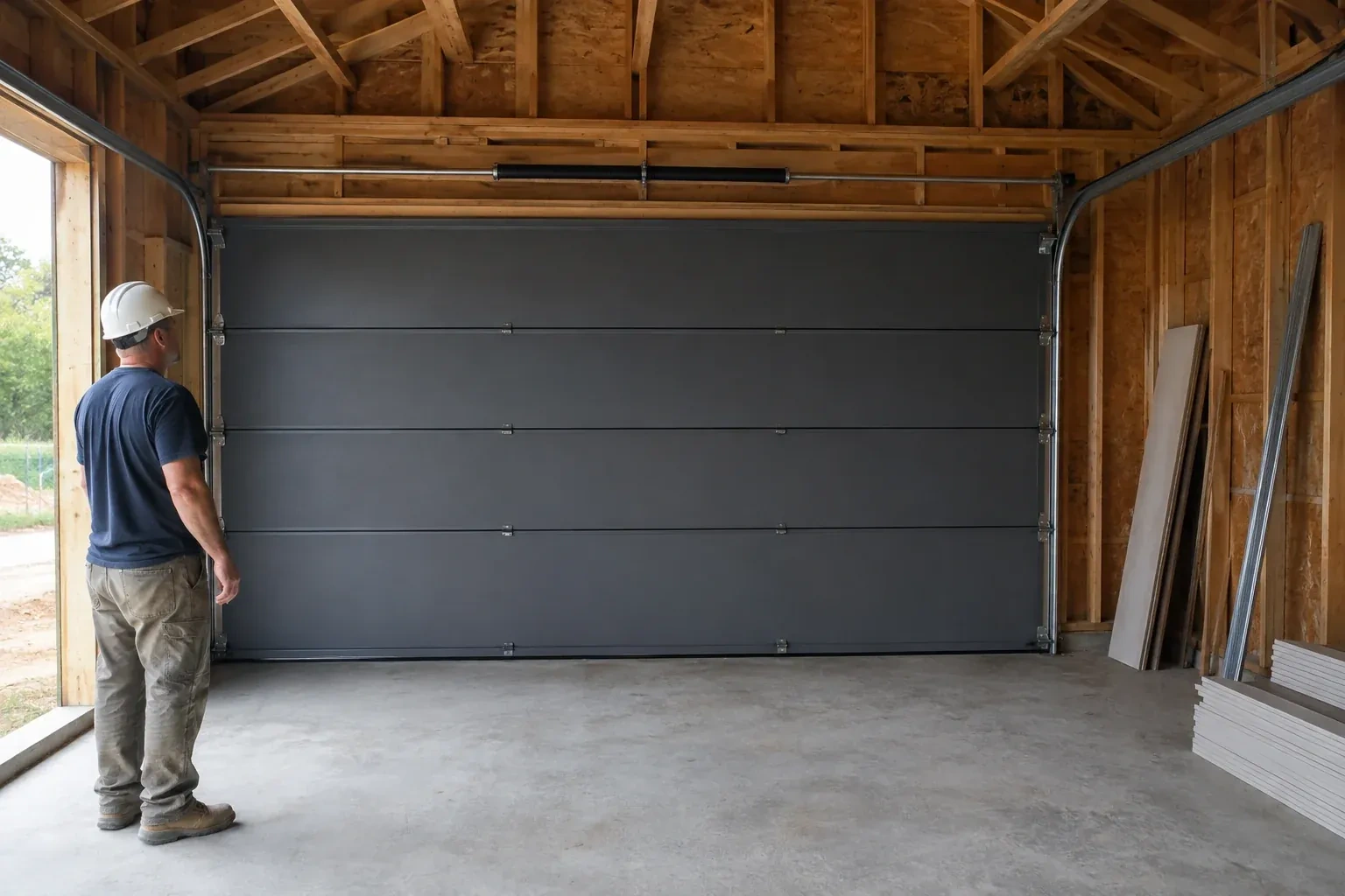 A person wearing a hard hat stands beside a dark sectional door in an unfinished timber-framed garage. — New-Construction Garage Door Installation, Kitchener
